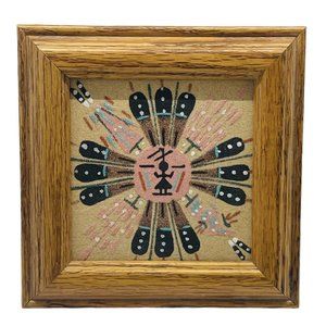 Handmade Navajo Framed Sand Painting Sun Eagle Signed Ira Foster  5" x 5"